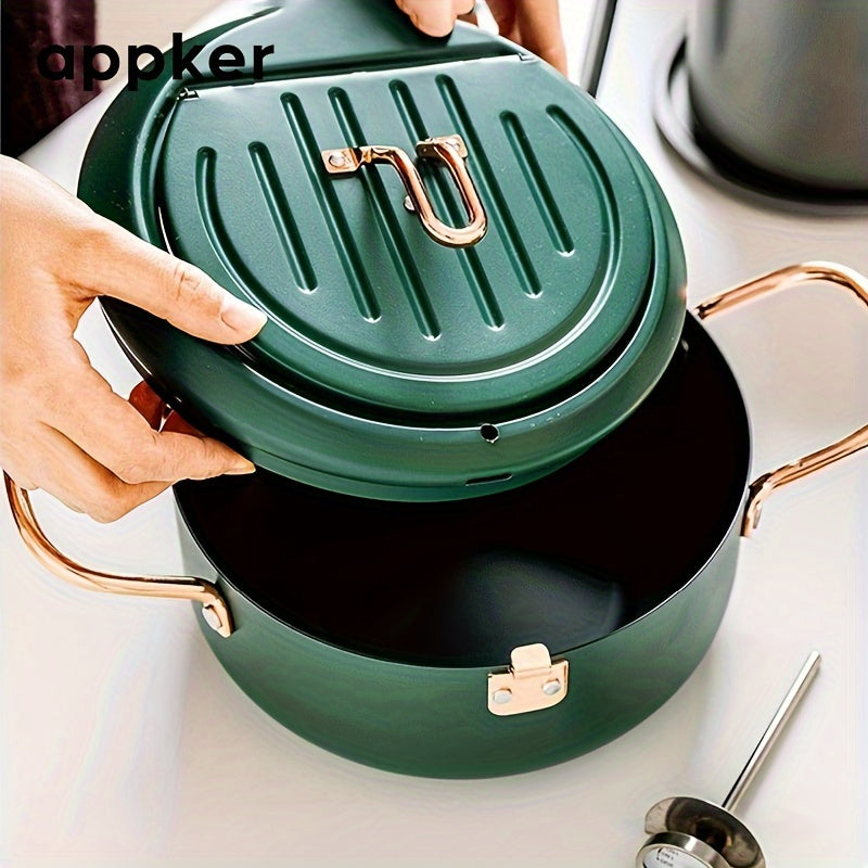 Japanese tempura fryer for easy frying, featuring a Fahrenheit thermometer and non-stick carbon steel construction. Ideal for tempura, chicken, fish, and shrimp. This large green pan is easy to clean and comes with a lid and oil drip drain rack. Perfect