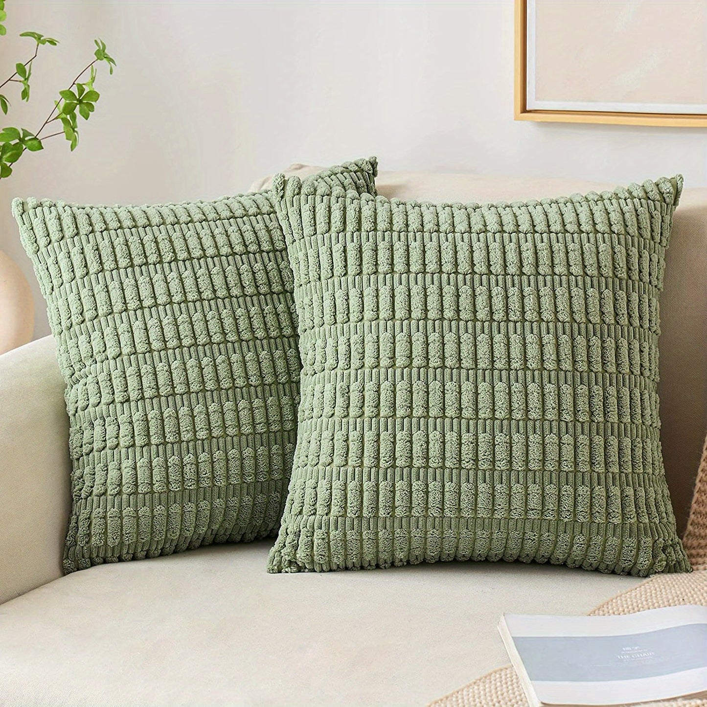 2 Corduroy Decorative Throw Pillow Covers, Soft Boho Striped design for modern farmhouse home decor, suitable for sofa, living room, couch, and bed. Pillow cores not included.