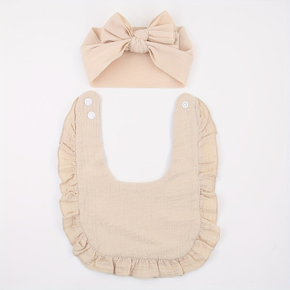 Set of 2 includes a lotus leaf bib and an elastic bow headband. The set also includes a plain color soft bib with snap button closure.