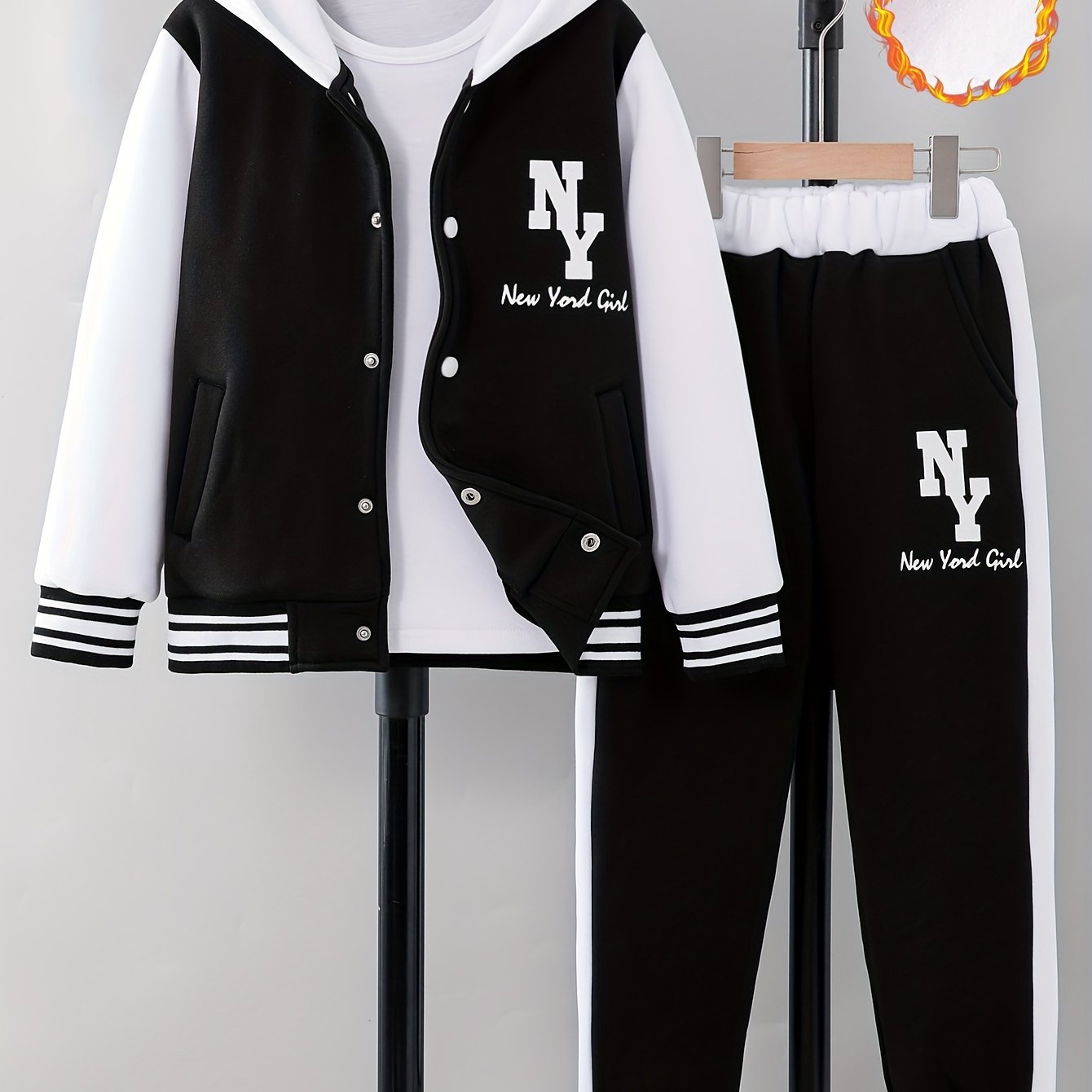 NY Letter Print Girl's Prep Outfit: Color Block Varsity Jacket + Sweatpants Set for Stylish Fall/Winter Wear