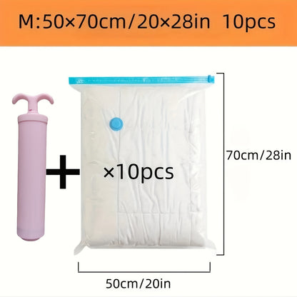 A pack of 11 vacuum-sealed storage bags featuring a pink hand pump, perfect for storing winter items. These versatile plastic bags have a zipper closure and can be used for travel, camping, moving, organizing your home kitchen, and maximizing storage