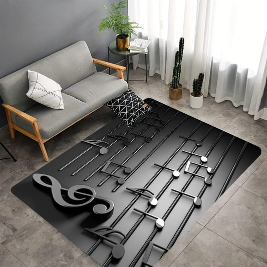 1 piece 3D musical note design rug that is non-slip, lightweight, and machine washable. Made of polyester, this carpet is perfect for music studios, living rooms, bedrooms, and entrances. It has a low pile and is machine-made, making it a stylish and