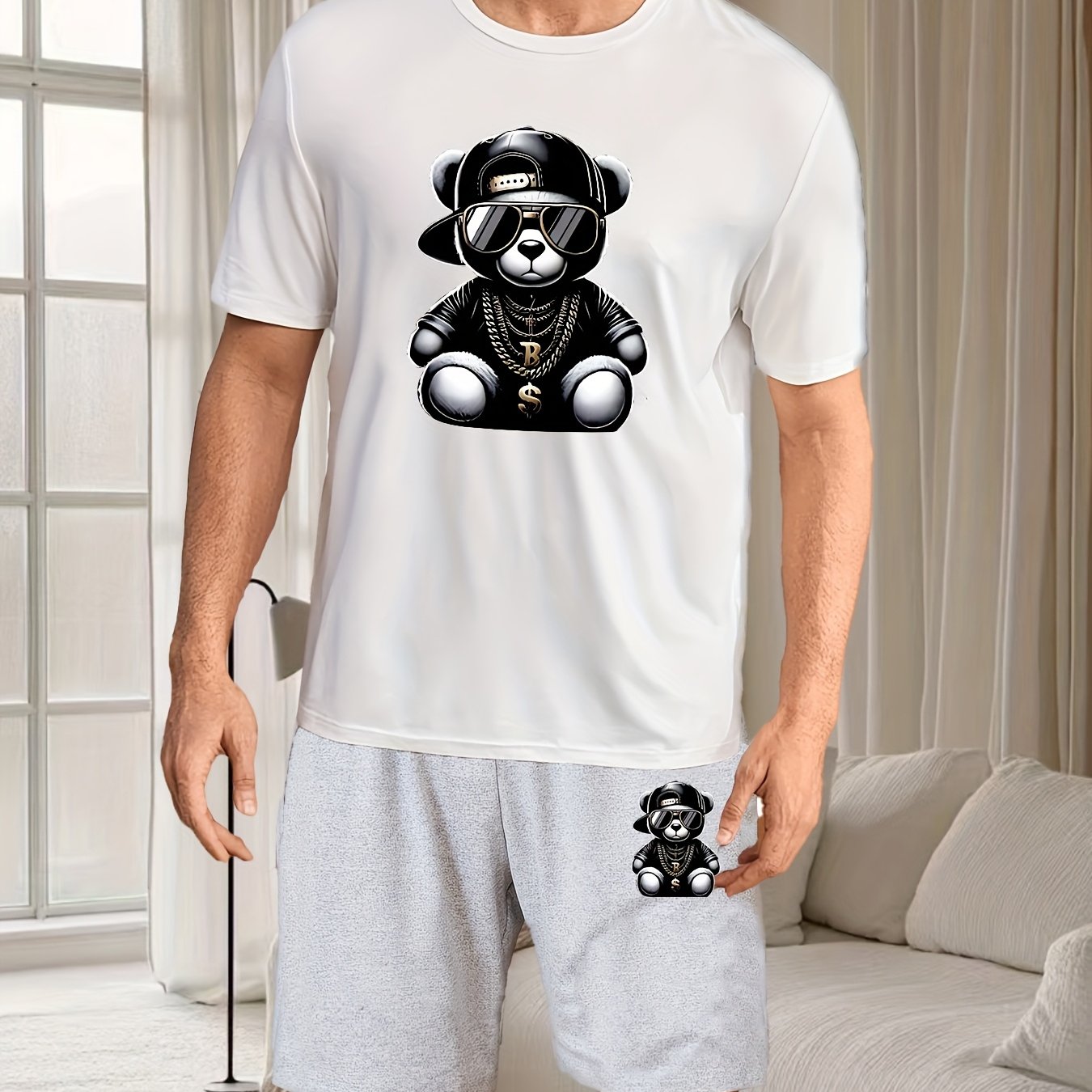 Men's Cartoon Bear Print Pajama Set with polyester blend knit sleepwear for all seasons. Features regular fit, short sleeves, shorts loungewear, round neck, and stretch fabric.