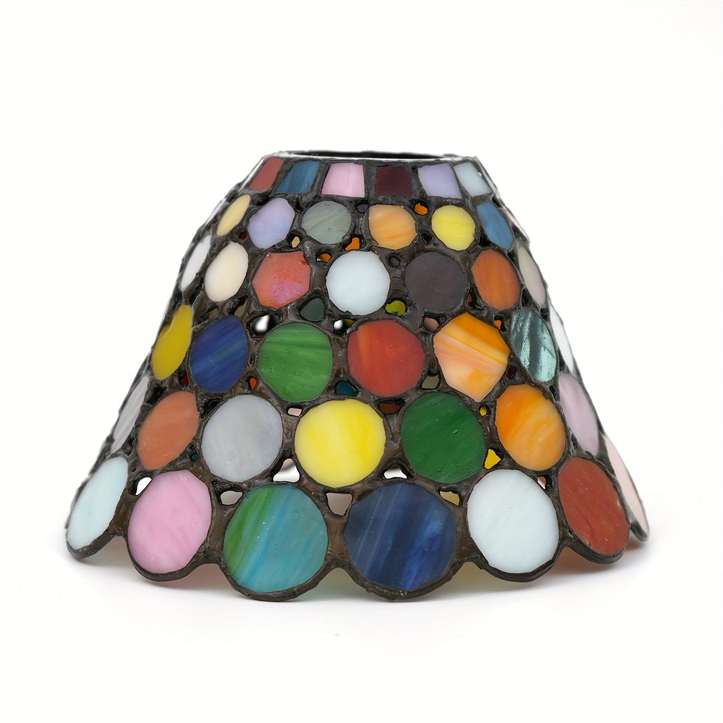 This 6-Inch Leaf Pattern Handcrafted Stained Glass Lamp Shade is an artisan crafted decorative piece perfect for pendant and wall lighting fixtures. Suitable for ages 14 and up, this lampshade does not include any battery or wireless features.