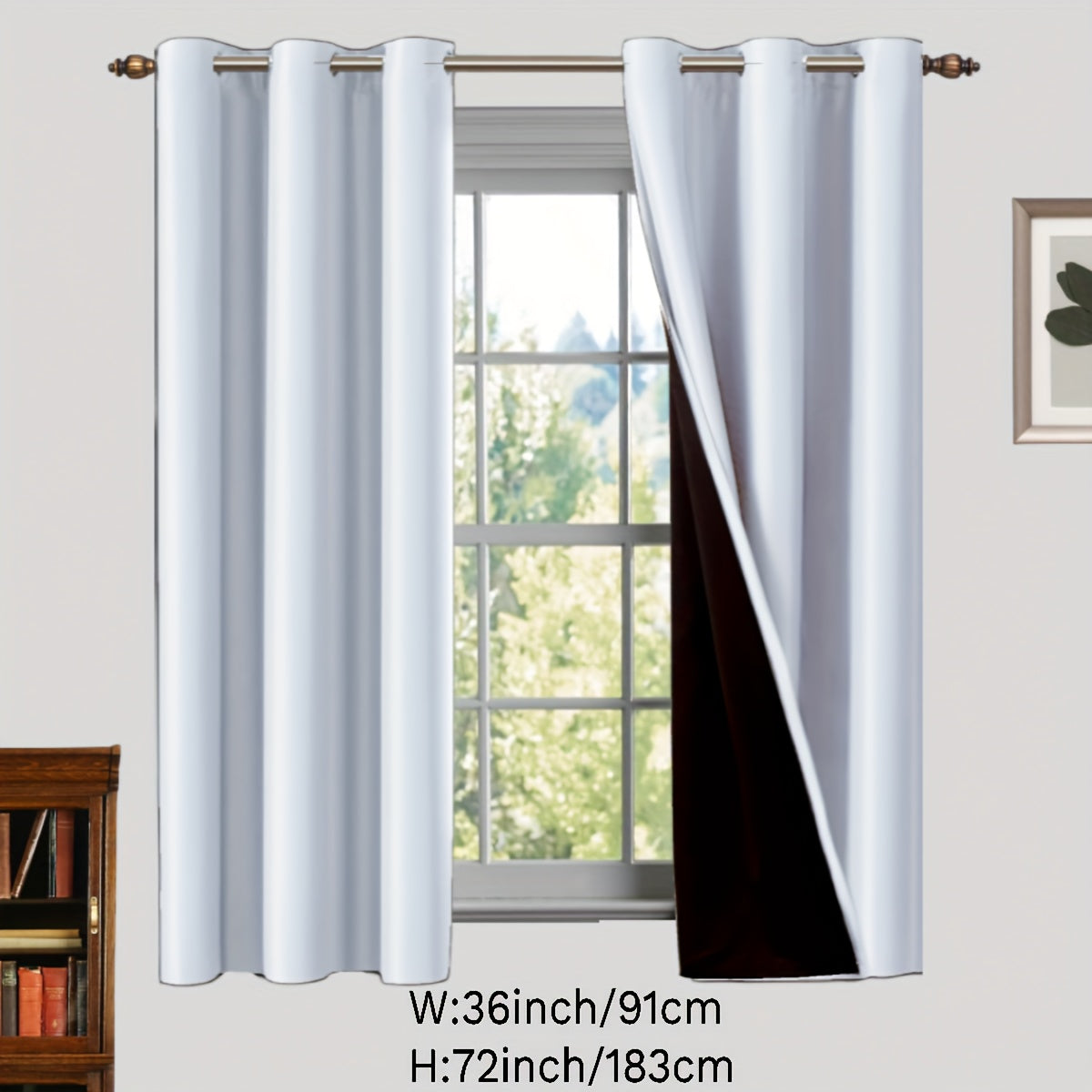 Two pieces of 100% blackout curtains made from polyester, coated and insulated with a grommet top design. Perfect for bedroom, living room, and home decor.