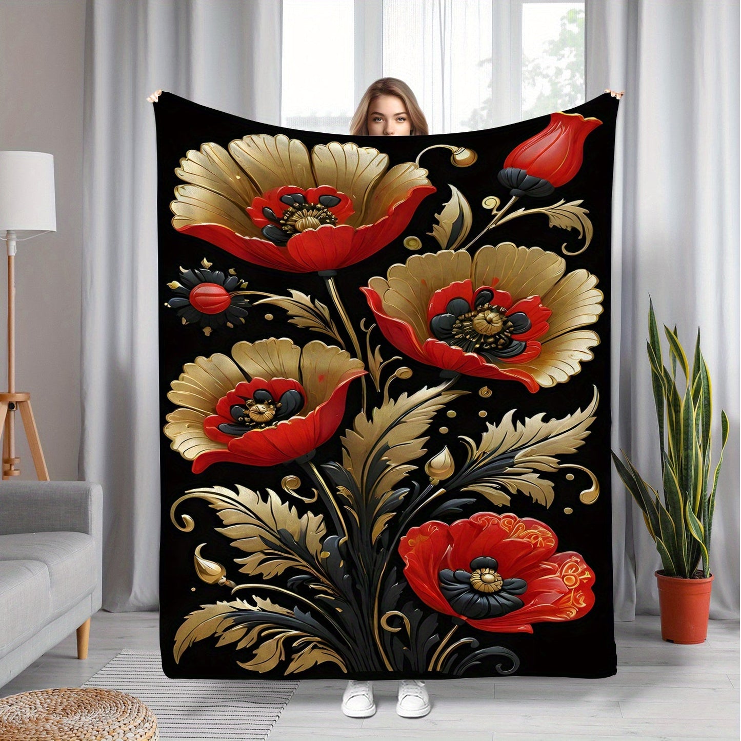 Soft and Comfortable Floral Printed Fleece Throw Blanket featuring a Golden and Red 3D Floral Design. Perfect for use in the Living Room, Bedroom, Sofa, or even on a Picnic. Made with Durable Polyester Fabric, this blanket is suitable for All-Season Use.