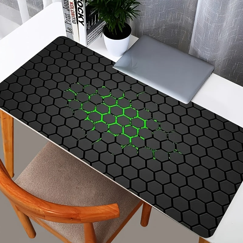 Large hexagonal honeycomb pattern mouse pad with non-slip surface, suitable for gaming, office work, and travel. Features abstract art design and made of polyester, ideal for esports.