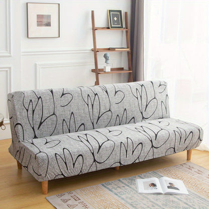 Printed armless futon slipcover to protect furniture in a bedroom, office, or living room.