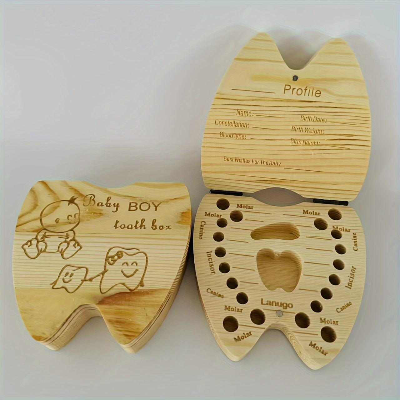 Wooden tooth box for kids' memories, no power or waterproof, with utility hooks, suitable for weddings.