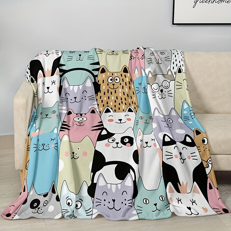 Soft and warm 1pc Cozy Cartoon Cat & Animal Letter Print Flannel Blanket made of high-weight polyester. Handwash only. Provides all-season comfort in vibrant mixed colors.