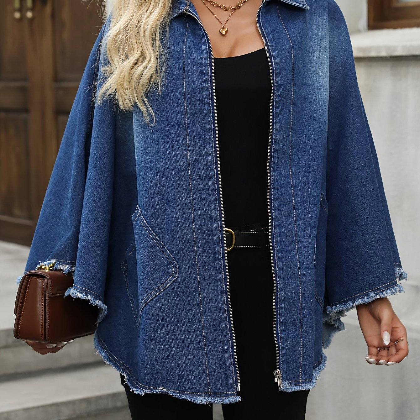 Elegant style batwing sleeve cape denim coat for plus size women, along with denim jeans and clothing.