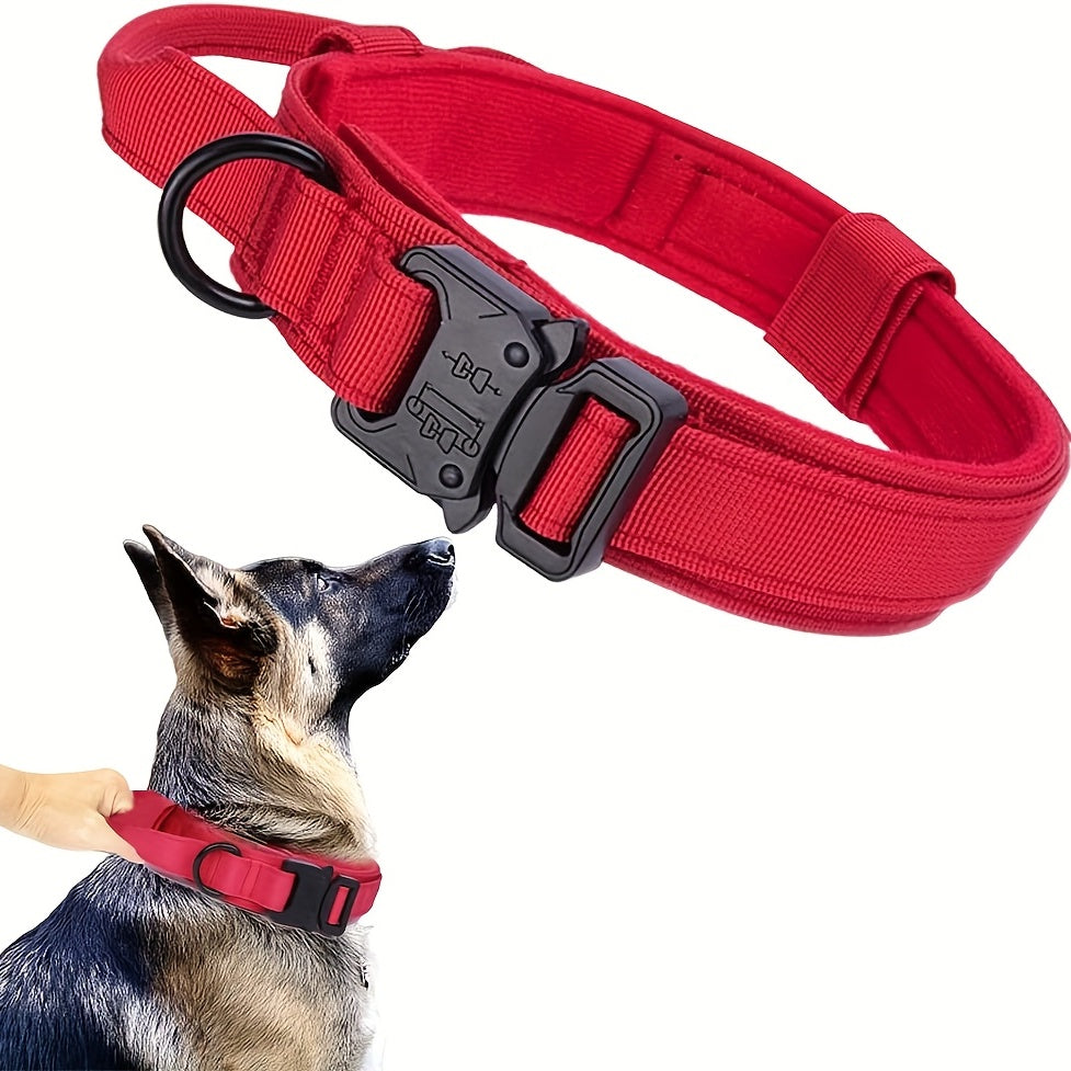 Adjustable tactical dog collar with heavy-duty metal buckle for training and walking.