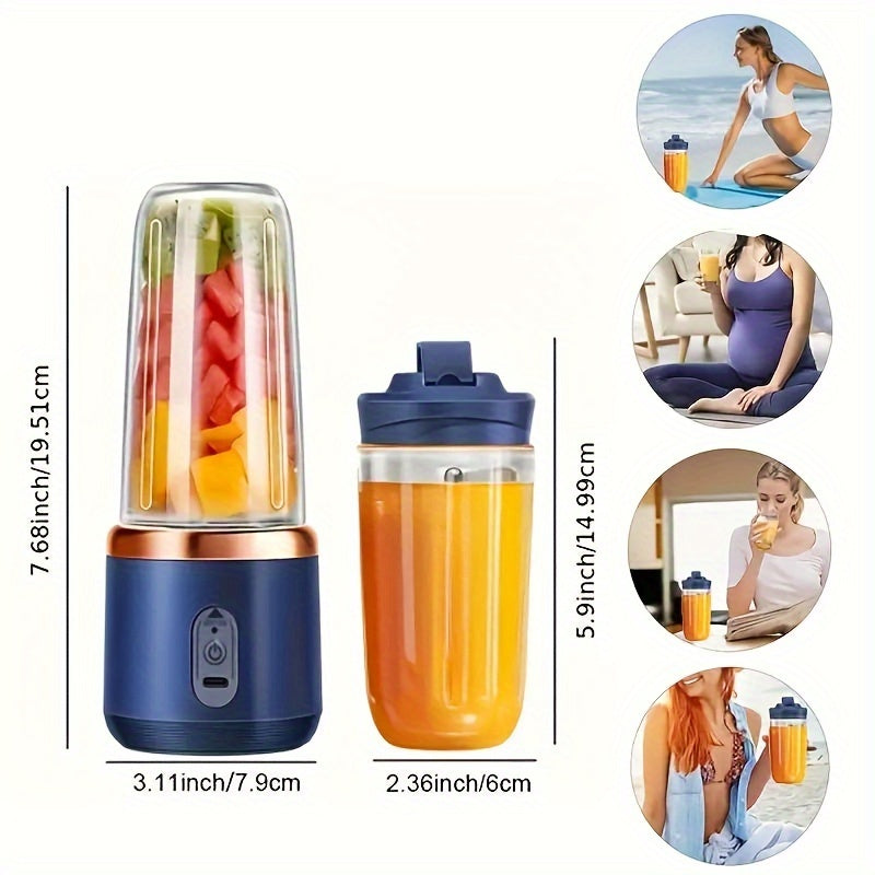 Small portable juicer with dual cups, rechargeable via USB. Versatile personal blender for fresh juice, smoothies, and milkshakes. Perfect for use at home, the office, or while traveling. Features a 1L capacity, lithium battery, and made of plastic