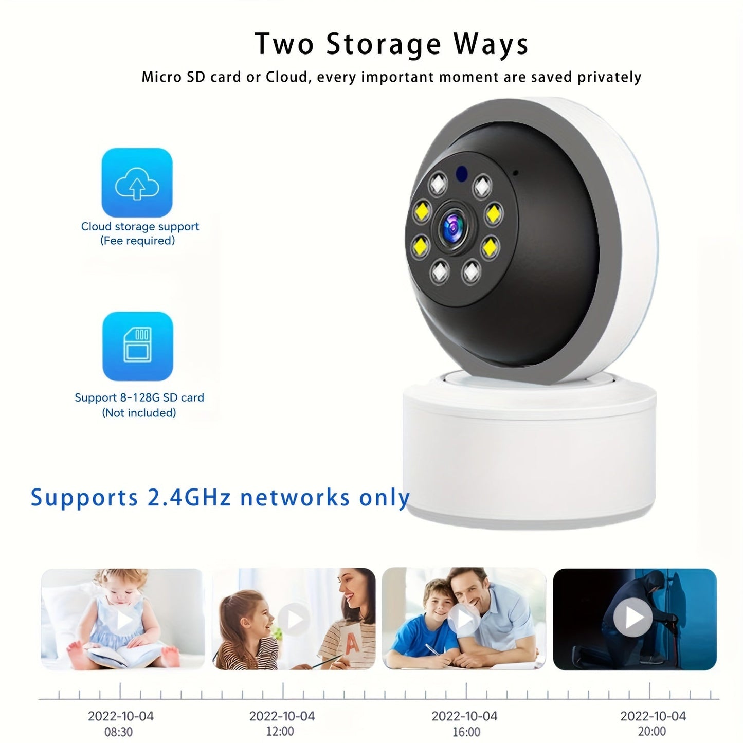 The Teruhal Smart Home Security Camera offers 2.4GHz WiFi connection, remote viewing through an app, motion detection and tracking, two-way audio, USB powered, automatic detection of abnormalities, dynamic human body object recognition, and is ideal for