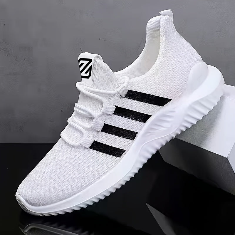 Unisex Striped Lace-up Sneakers with Breathable Fabric Upper and PVC Sole, designed for Casual Sports Style. Suitable for Men and Women with Normal Pronation, All-Season Lightweight Running