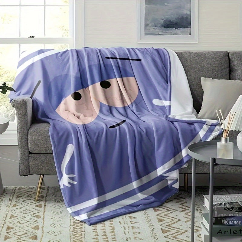 Flannel throw blanket featuring a modern purple anime character print - Perfect for year-round comfort, easy cleaning, and versatile use at home, school, picnics, and outdoor camping - Made from 100% lightweight polyester with a durable woven craft and