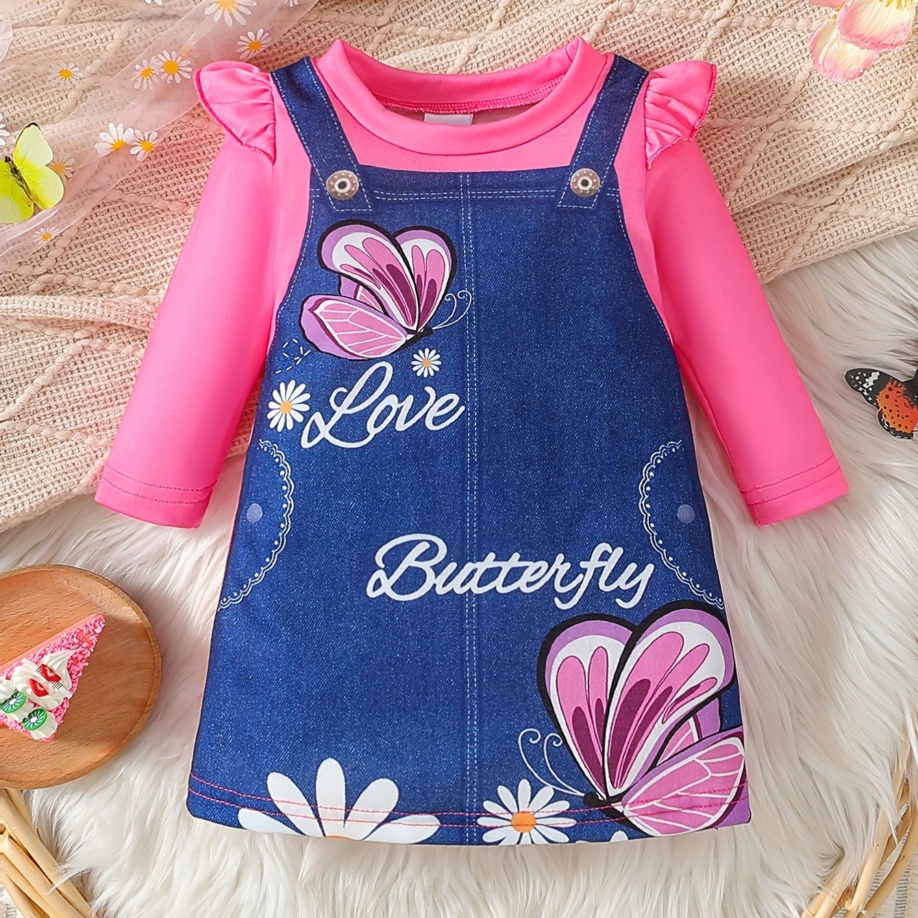 Spring dress for baby girls with lotus leaf sleeves, cute pattern, and flower bee design, both comfortable and fashionable.