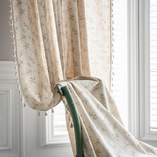 Bohemian floral milk-white and linen print curtain with semi-shading features, perfect for various spaces such as living room, bedroom, classroom, office, bay window, dining room, or kitchen. The curtain has a rod pocket design with beige fringe for