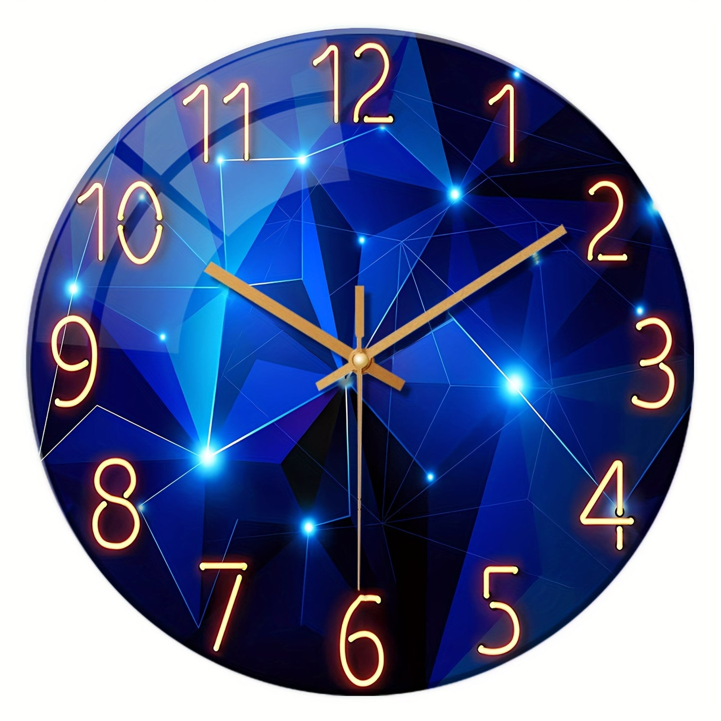 12"/14" Silent Wall Clock with Dark Blue Geometric Design. Made with 4mm Tempered Glass and Japanese Quartz Movement. Perfect for indoor and outdoor decor. Great gift option (Battery not included).