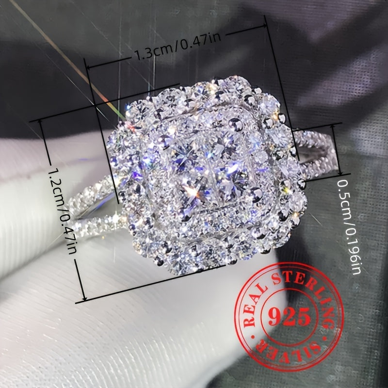 Elegant Wedding Proposal Bridal Jewelry For Ladies: Luxurious S925 Sterling Silver Square Engagement Ring with Shiny Cubic Zirconia, Stunning Bling Style