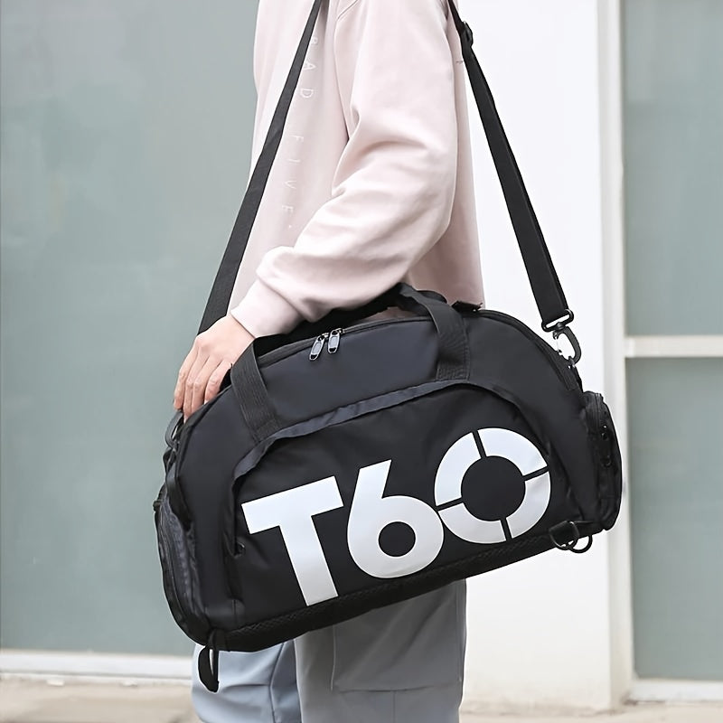 TT060 Large Waterproof Gym Bag with Zip Closure, Stylish Black & Yellow Letter Design, Ideal for Men & Women.