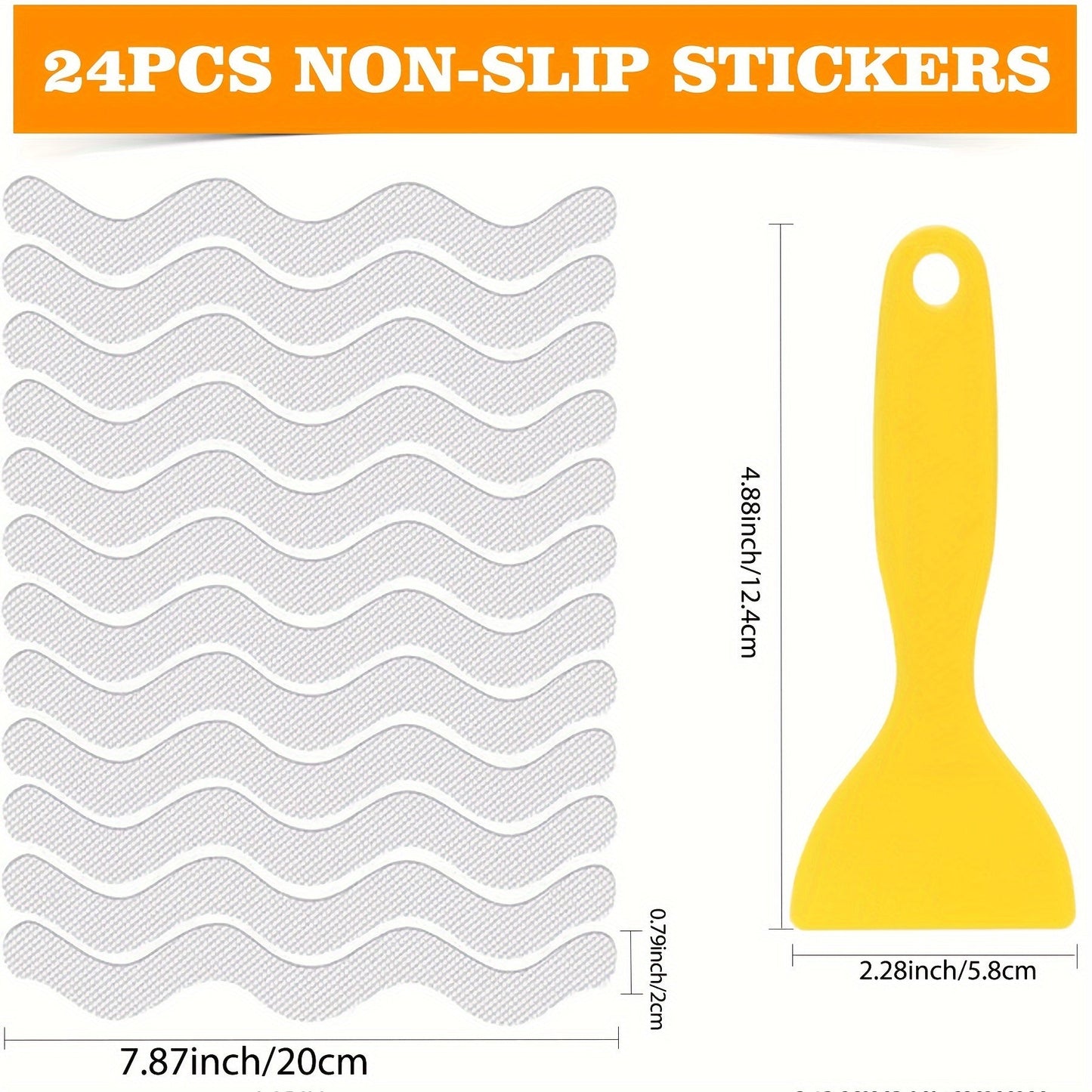 Enhance safety in your bathroom with 24 pieces of EVA Non-Slip Bathtub Stickers featuring a wavy line design. This anti-skid tape provides a durable adhesive grip to prevent slips in the shower and on stairs. Each set includes a scraper for easy