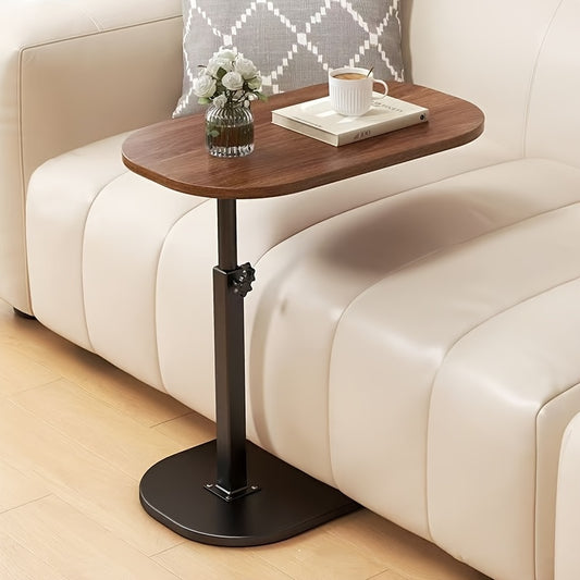 Multi-functional side table with adjustable height, wooden top and iron frame, ideal for various living spaces.