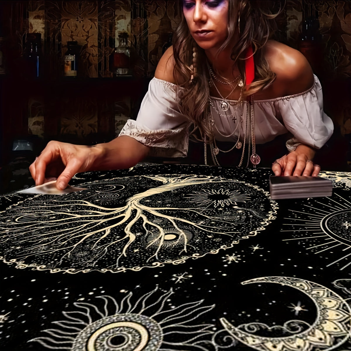 1pc Tarot Tablecloth featuring life tree and moon phase designs, suitable for tarot readings, altar cloths, witchcraft, table games, and room decoration.