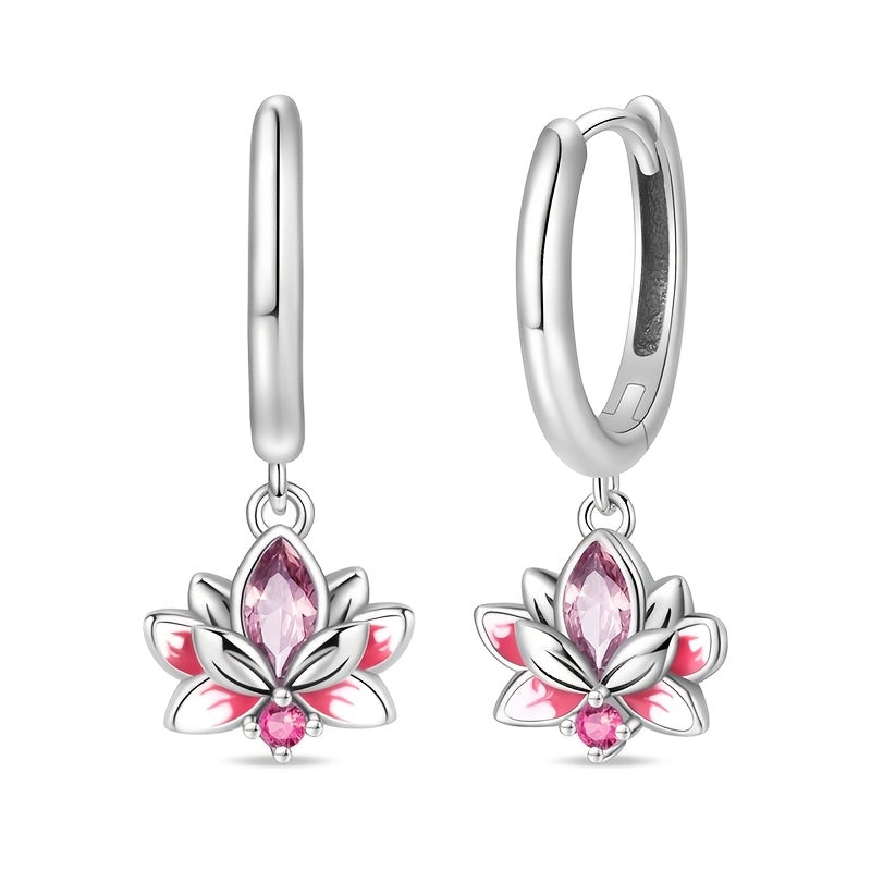 Sterling Silver Lotus Flower Hoop Earrings with Synthetic Zirconia, Boho Elegant Style, Silver Plated, Lightweight, Perfect for Parties and Vacations, Ideal for Spring Festivals, Versatile All-Season Jewelry