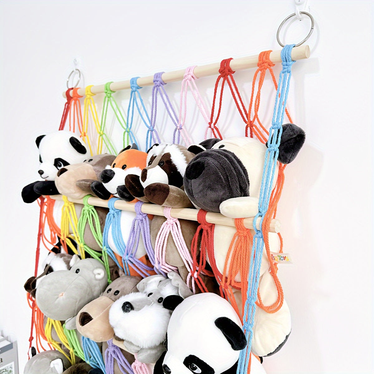 Plush animal storage solutions: net, rack, and hammock for hanging and organizing plush animals.