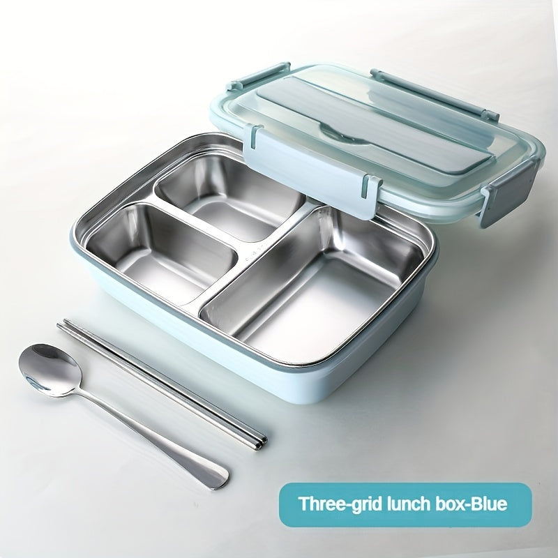 Leak-proof stainless steel lunch box with 3 compartments: ideal for students, office workers, and on-the-go meals.