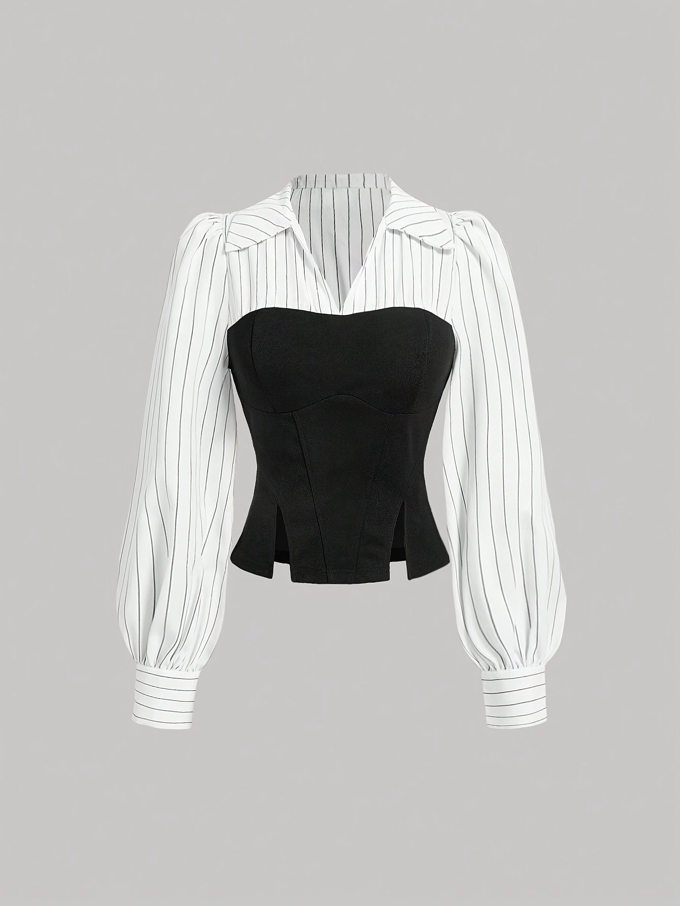 Striped polyester blouse with collar detail, machine washable, perfect for spring/fall.