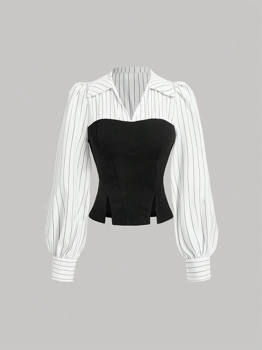 Striped polyester blouse with collar detail, machine washable, perfect for spring/fall.