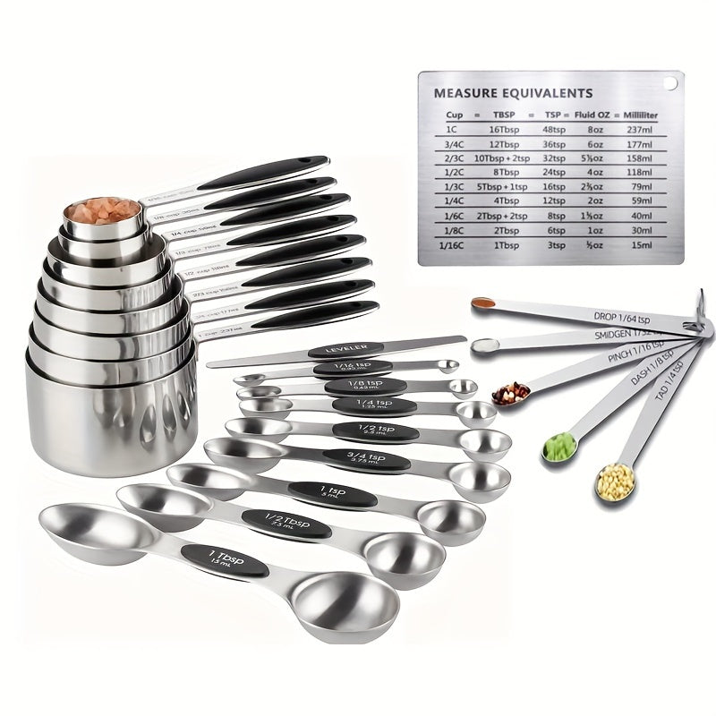 The 23-piece Black Stainless Steel Measuring Cups and Spoons Set includes 8 stackable measuring cups, 8 double-sided magnetic measuring spoons, 1 level, 5 mini spoons, and 1 conversion table. Perfect for measuring both dry and liquid ingredients.