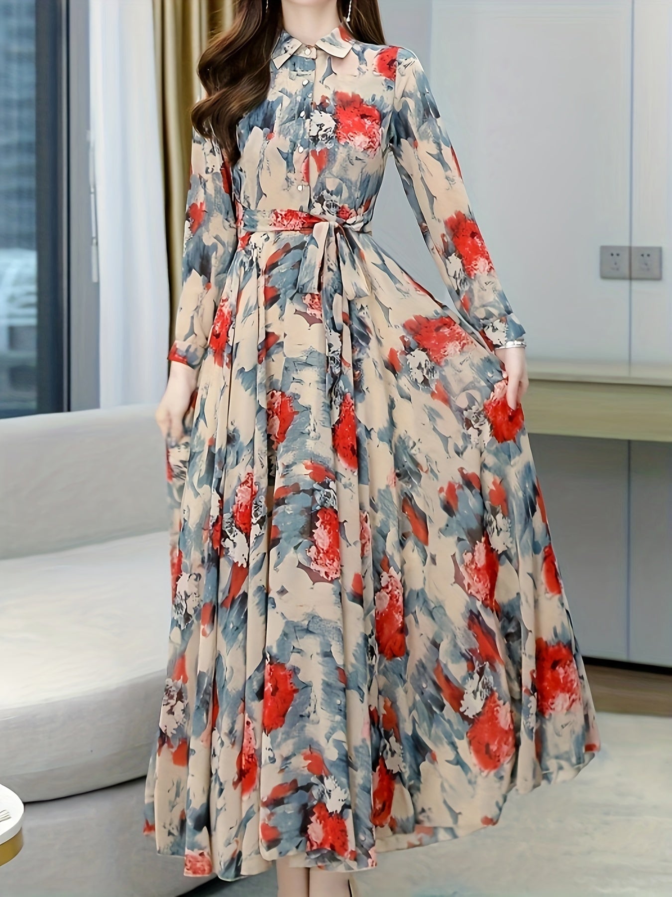 Women's elegant long sleeve floral maxi dress made of 100% polyester woven fabric with a lapel collar, A-line silhouette, and part of the Middle East Collection. Ideal for spring/fall.