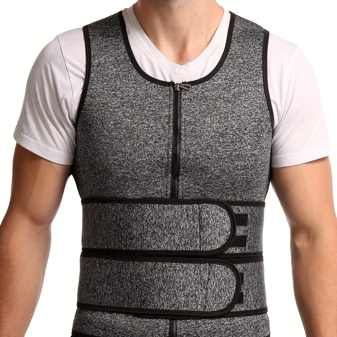 Men's Gray Neoprene Double Belt Vest Shapewear with Sweat Bodysuit.