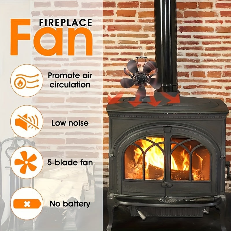 Tabletop Aluminum Wood Burning Stove Fan with Polished 5-Blade Finish, Features High-Speed Air Circulation without Electricity Requirement, Quiet Operation, and Includes Multiple Components