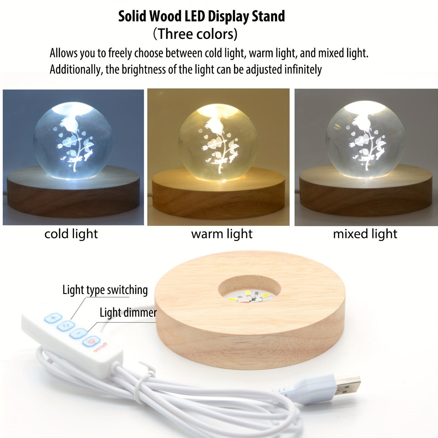 Wooden LED Light Display Base for 3D Crystal Glass Resin Art and Pictures in Multiple Colors, Perfect for Holiday Gifts