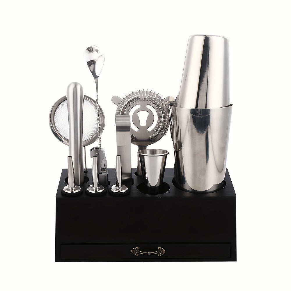 Essential Barware Tools Set - 18-Piece Stainless Steel Cocktail Shaker Set with Jigger, Pourer, Corkscrew, Muddler, Brush, Teardrop Bar Spoon, Garnish Tray, Straws - Complete Bartender Kit for Home, Bar, and Party Drink Mixing