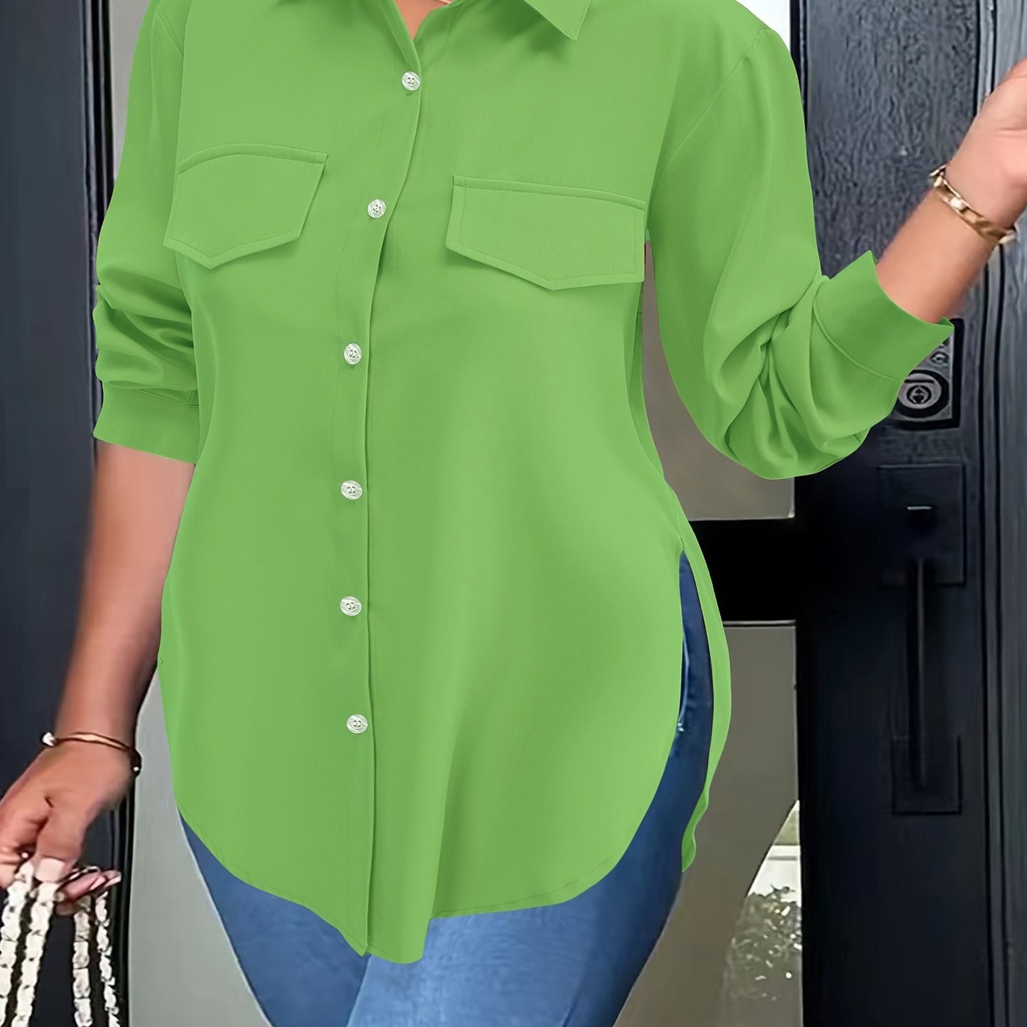 Curved hem blouse for spring, button front and collared, plus size.