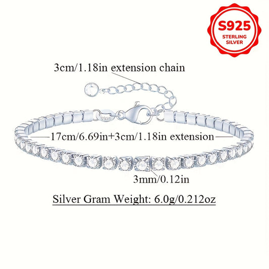 Stylish 925 Sterling Silver Tennis Chain Bracelet featuring Synthetic Cubic Zirconia, Adjustable 2MM/3MM, Hypoallergenic, Sparkling Iced Out Design, Perfect for Daily Wear and Gifting, Ideal Valentine's Day Jewelry for Women.