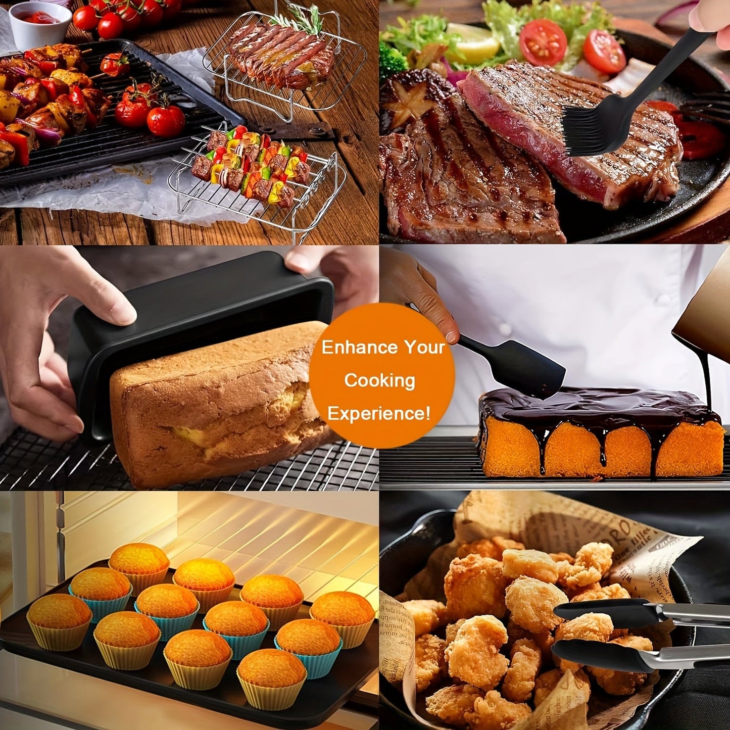 Air Fryer Accessory Kit containing 10 pieces, designed to be compatible with Ninja AF300UK, AF400UK, and AF451UK models as well as Tower T17088, Salter, and Cookwise air fryers. This kit includes a stainless steel rack, silicone liner, carbon steel bread