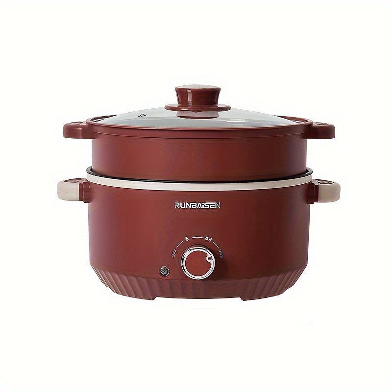 Electric cooking pot with a large capacity for home or car use, featuring a multi-functional design that combines a cooking pot, stir-fry pot, and steamer. Perfect for dormitories, this non-stick integrated pot can be used for various cooking needs.