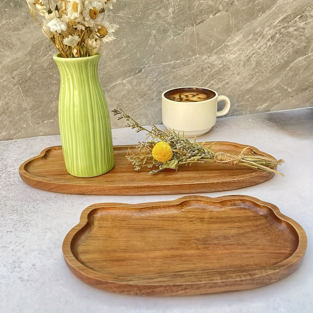 Acacia wood serving tray with smooth polished surface, irregular shape. Ideal for cheese, bread, fruits, and vegetables. Perfect for kitchen, restaurant, café, weddings, and holiday decor. Unique shape and wooden texture.