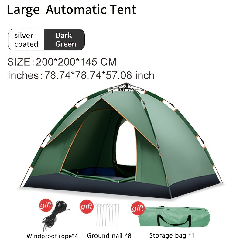 Fully automatic 4-person tent in lush green with durable poles, waterproof polyester blend, easy zip closure, portable for all seasons.