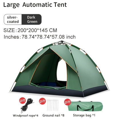 Fully automatic 4-person tent in lush green with durable poles, waterproof polyester blend, easy zip closure, portable for all seasons.