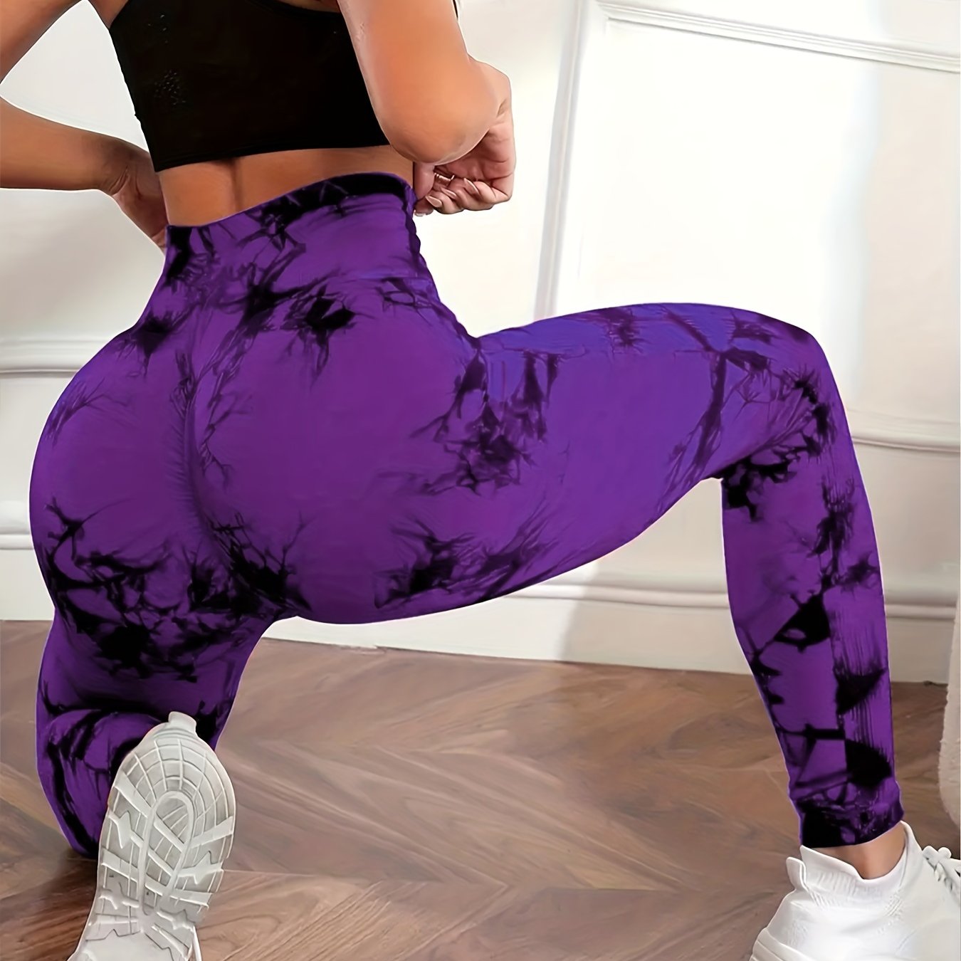 High-waist Peach Lift Tie-Dye Yoga Leggings made of seamless, stretchy & breathable nylon/elastane blend for women. Machine washable.