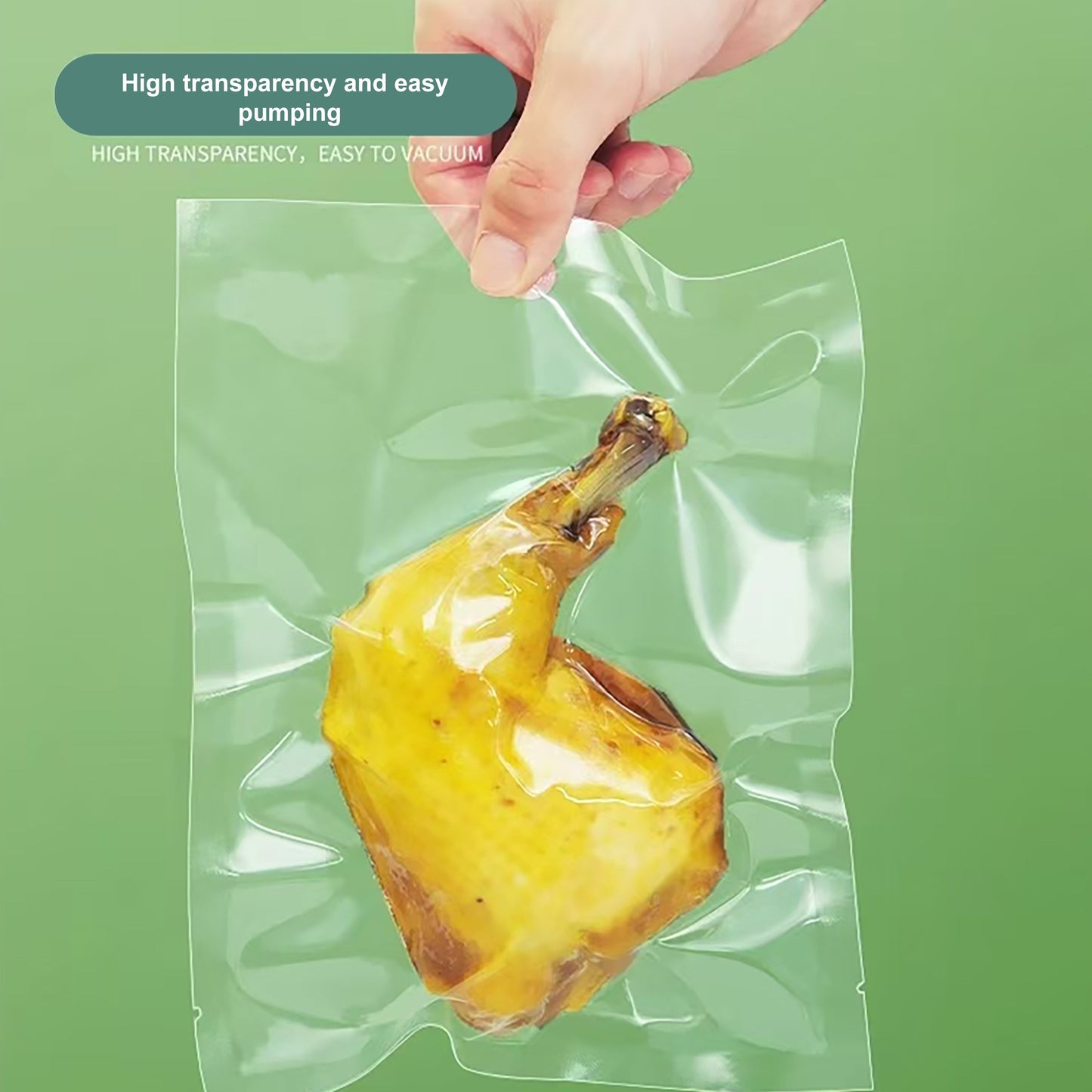 100 vacuum sealed food bags made of silk and transparent polyester nylon material. These bags are designed for vacuum compression and plastic sealing to keep food fresh. They have a glossy commercial finish.