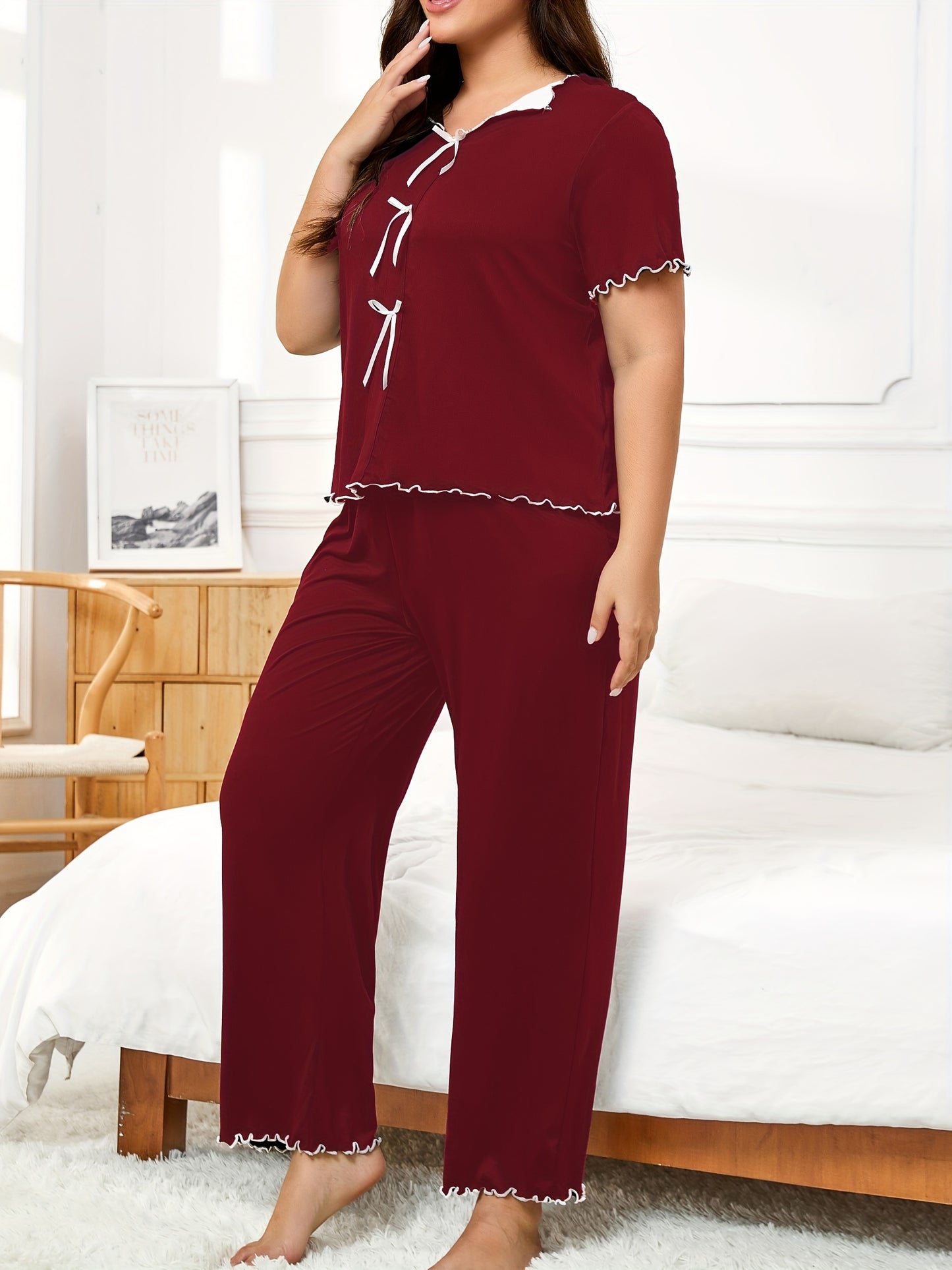 Plus Size Black Knit Pajama Set with Lace Trim - Short Sleeve Top & Long Pants, Cozy Sleepwear for All Seasons, Feminine Sleep Set, Stretchy Fabric