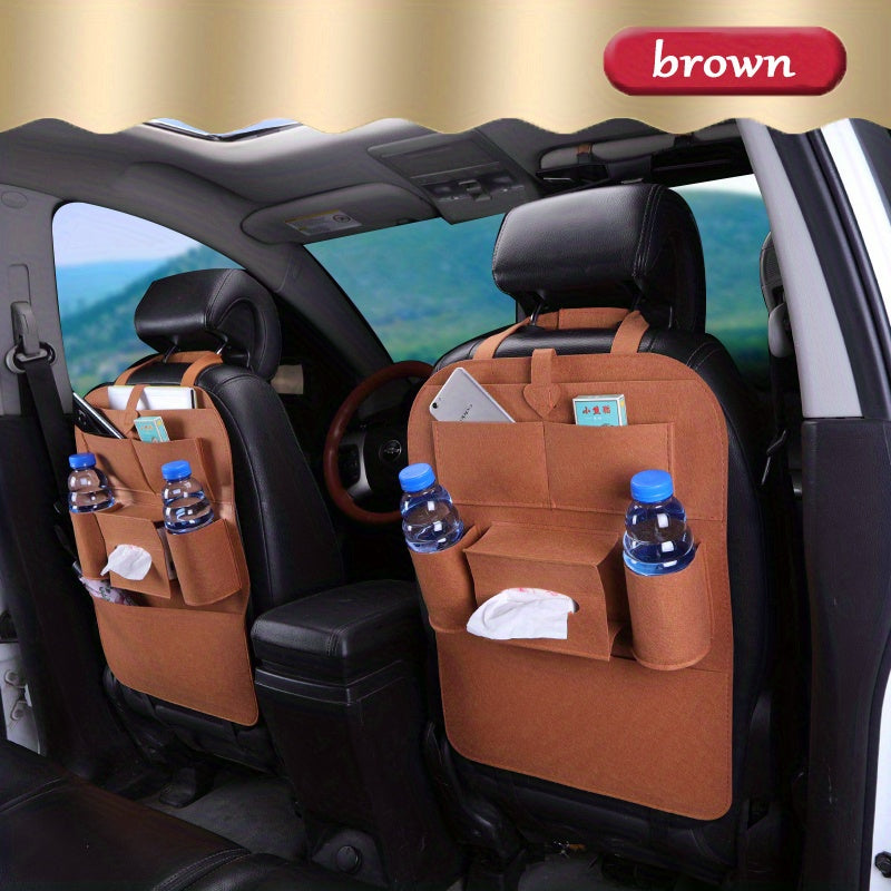 Car back seat organizer with storage pockets, kick mats, seat protectors, tissue box, cup holder, laptop table, and eating tray for parking use only.